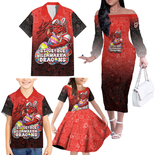 Personalized St. George Illawarra Dragons Family Matching Off The Shoulder Long Sleeve Dress and Hawaiian Shirt Easter Mascot - Colorful Eggs Cartoon Style