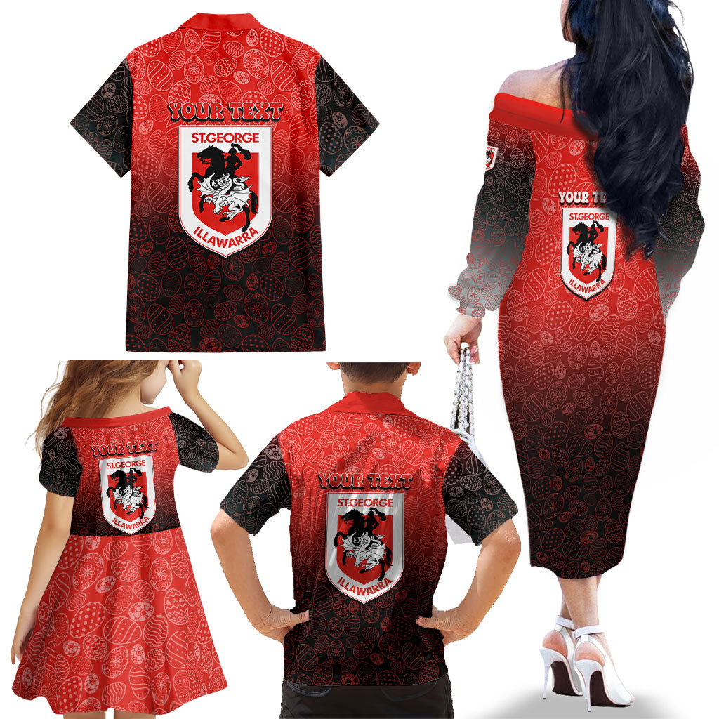 Personalized St. George Illawarra Dragons Family Matching Off The Shoulder Long Sleeve Dress and Hawaiian Shirt Easter Mascot - Colorful Eggs Cartoon Style