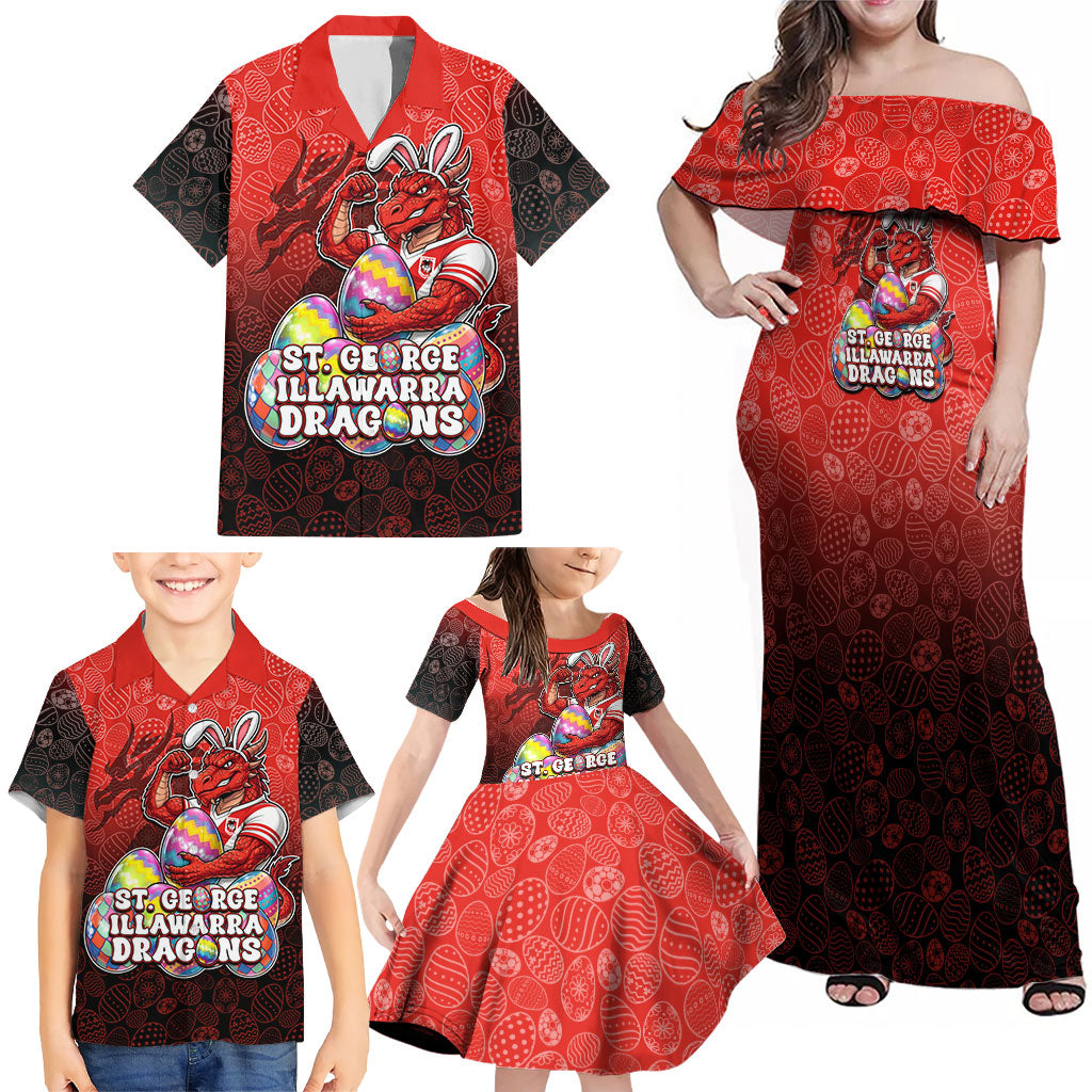 Personalized St. George Illawarra Dragons Family Matching Off Shoulder Maxi Dress and Hawaiian Shirt Easter Mascot - Colorful Eggs Cartoon Style