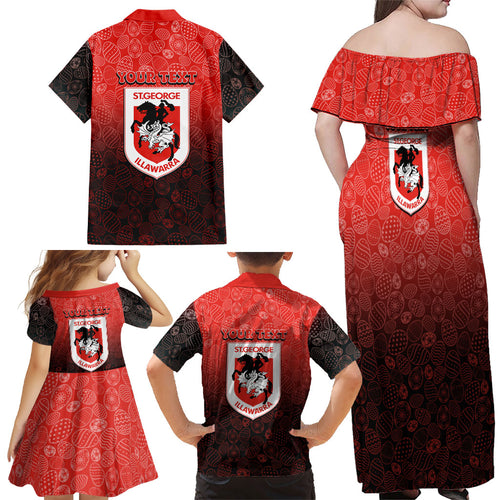 Personalized St. George Illawarra Dragons Family Matching Off Shoulder Maxi Dress and Hawaiian Shirt Easter Mascot - Colorful Eggs Cartoon Style