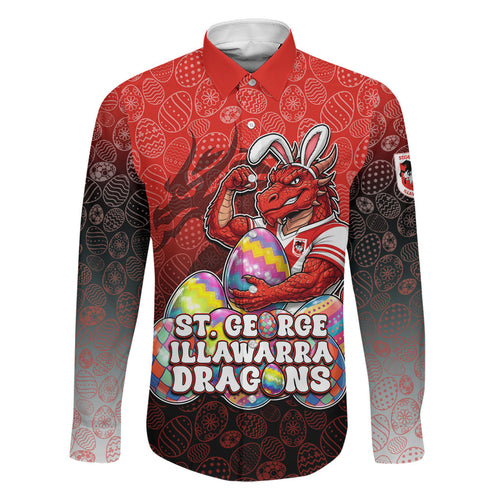 Personalized St. George Illawarra Dragons Family Matching Off Shoulder Maxi Dress and Hawaiian Shirt Easter Mascot - Colorful Eggs Cartoon Style