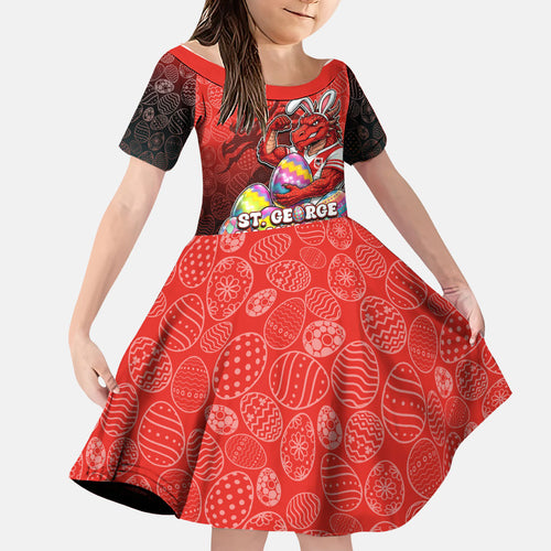 Personalized St. George Illawarra Dragons Family Matching Off Shoulder Short Dress and Hawaiian Shirt Easter Mascot - Colorful Eggs Cartoon Style