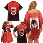 Personalized St. George Illawarra Dragons Family Matching Off Shoulder Short Dress and Hawaiian Shirt Easter Mascot - Colorful Eggs Cartoon Style