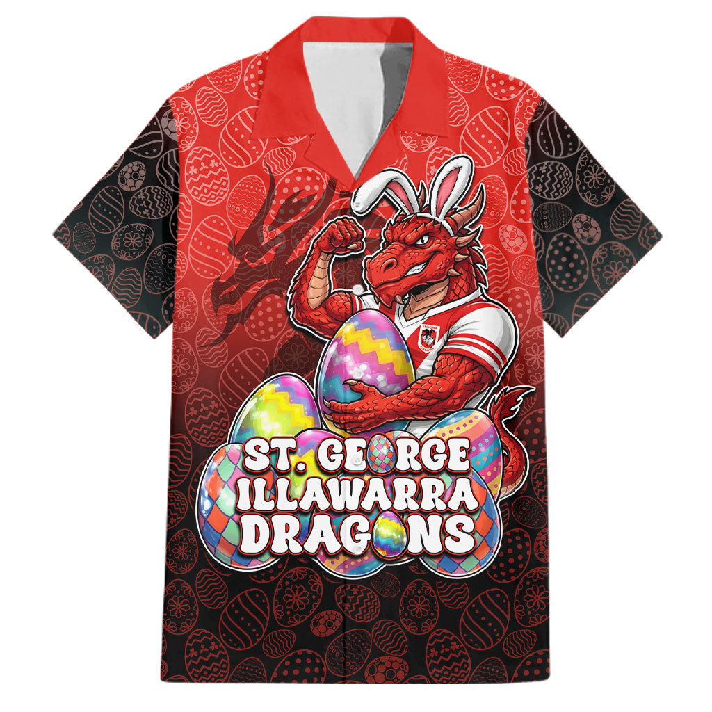 Personalized St. George Illawarra Dragons Family Matching Off Shoulder Short Dress and Hawaiian Shirt Easter Mascot - Colorful Eggs Cartoon Style