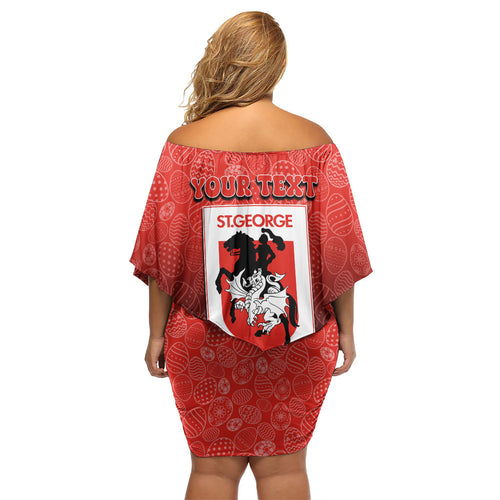 Personalized St. George Illawarra Dragons Family Matching Off Shoulder Short Dress and Hawaiian Shirt Easter Mascot - Colorful Eggs Cartoon Style