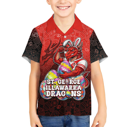 Personalized St. George Illawarra Dragons Family Matching Off Shoulder Short Dress and Hawaiian Shirt Easter Mascot - Colorful Eggs Cartoon Style