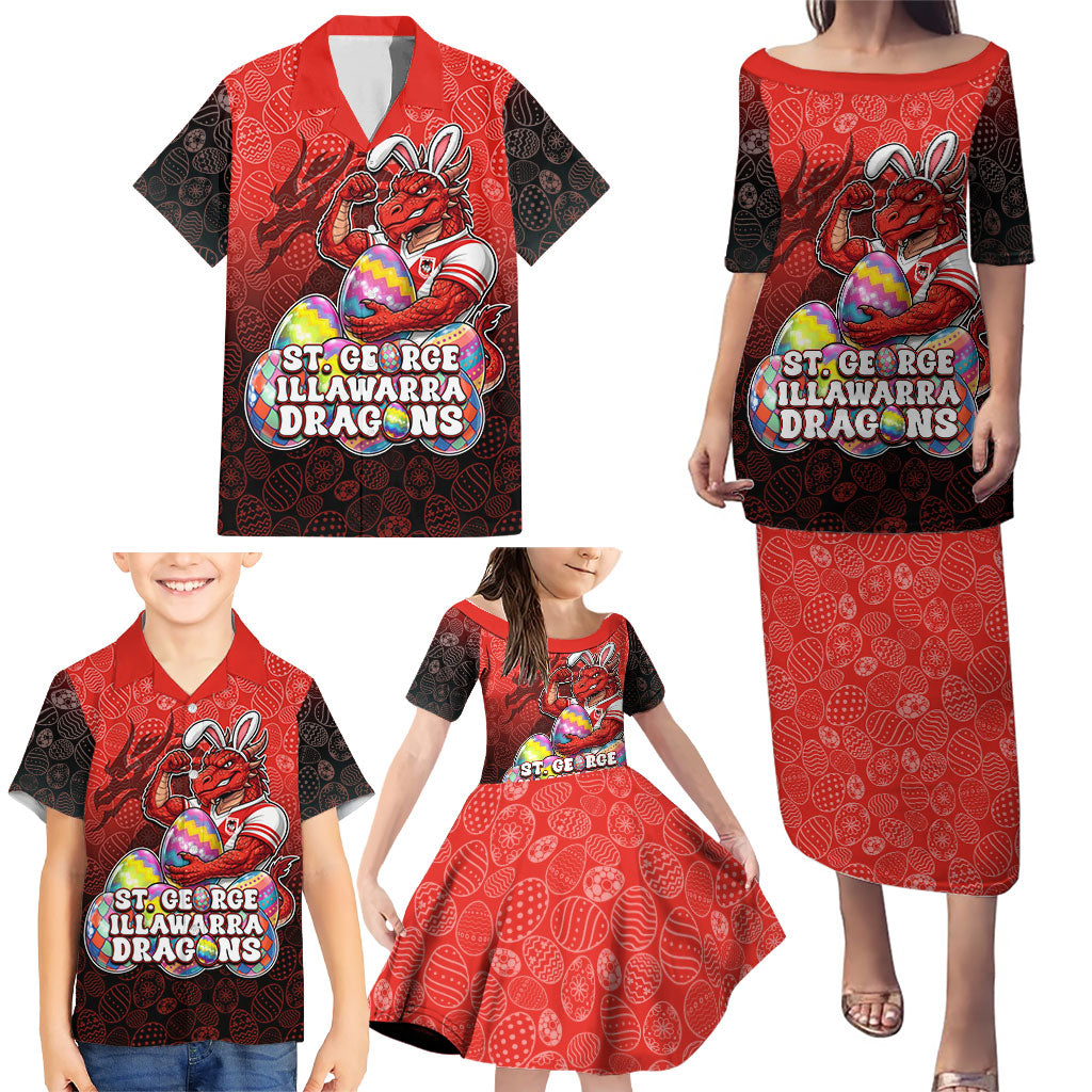 Personalized St. George Illawarra Dragons Family Matching Puletasi and Hawaiian Shirt Easter Mascot - Colorful Eggs Cartoon Style
