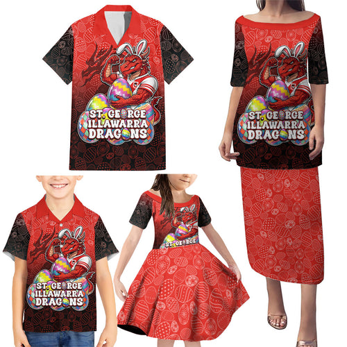 Personalized St. George Illawarra Dragons Family Matching Puletasi and Hawaiian Shirt Easter Mascot - Colorful Eggs Cartoon Style