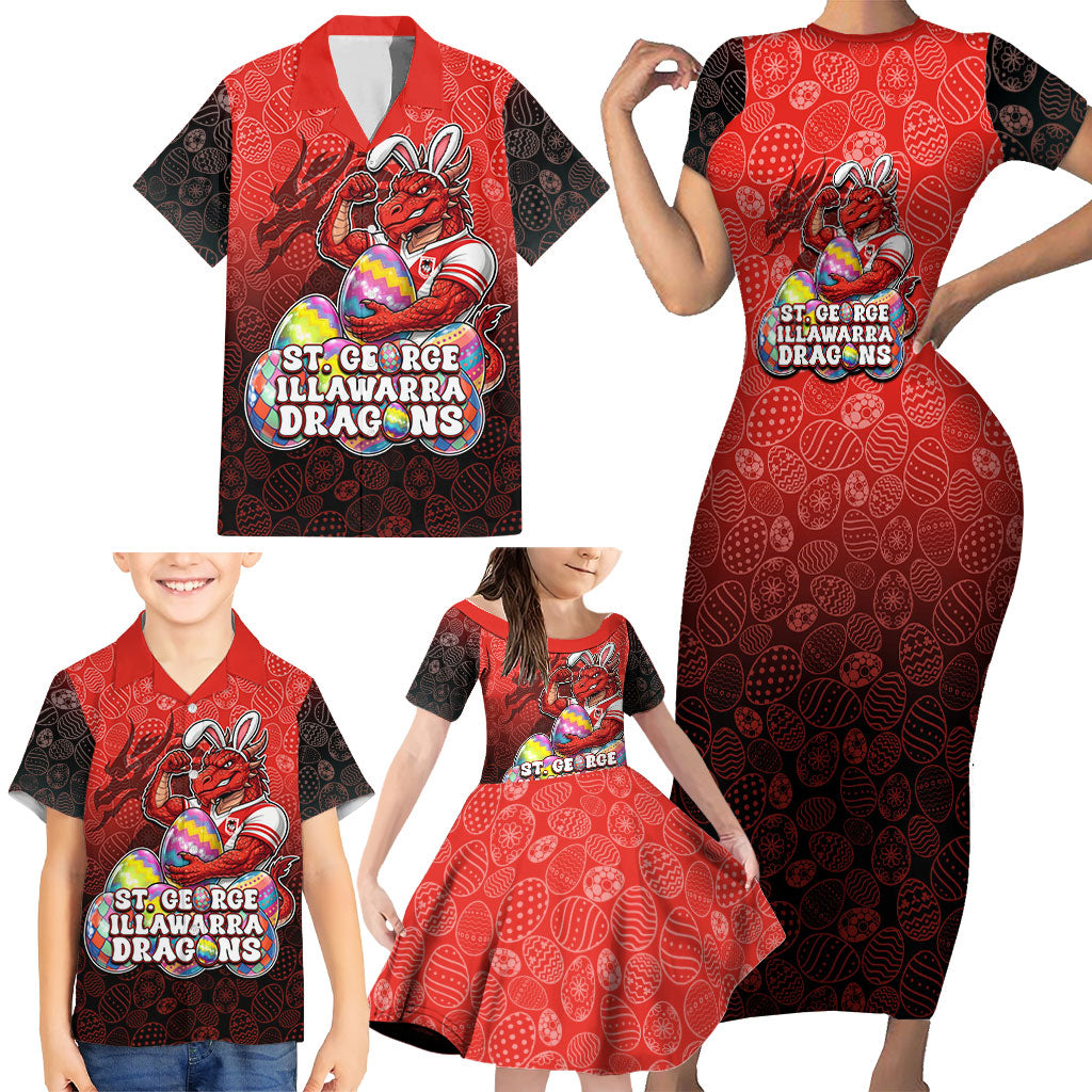 Personalized St. George Illawarra Dragons Family Matching Short Sleeve Bodycon Dress and Hawaiian Shirt Easter Mascot - Colorful Eggs Cartoon Style