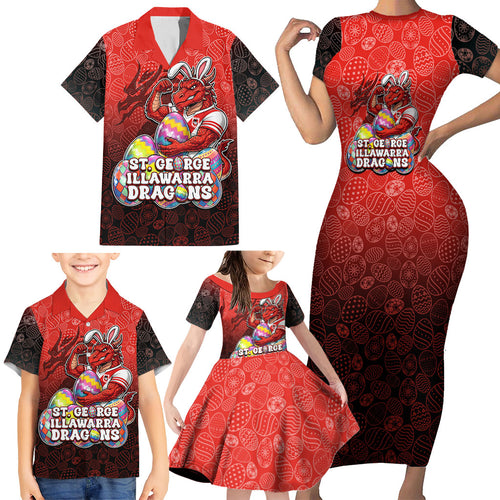 Personalized St. George Illawarra Dragons Family Matching Short Sleeve Bodycon Dress and Hawaiian Shirt Easter Mascot - Colorful Eggs Cartoon Style