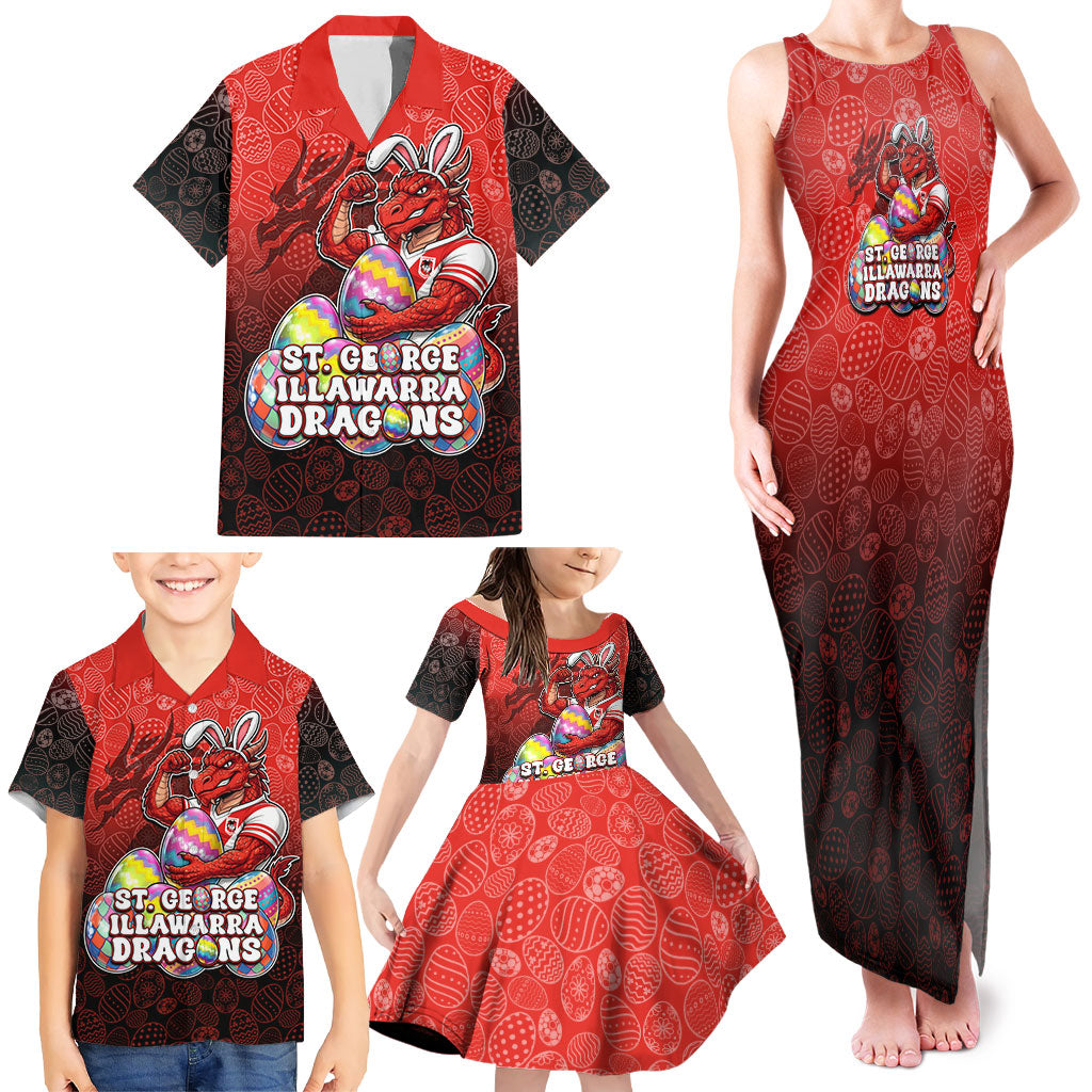 Personalized St. George Illawarra Dragons Family Matching Tank Maxi Dress and Hawaiian Shirt Easter Mascot - Colorful Eggs Cartoon Style