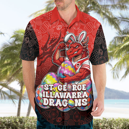 Personalized St. George Illawarra Dragons Hawaiian Shirt Easter Mascot - Colorful Eggs Cartoon Style