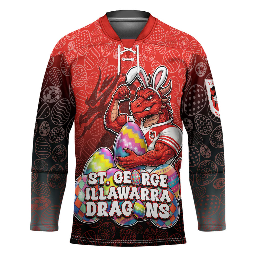 Personalized St. George Illawarra Dragons Hockey Jersey Easter Mascot - Colorful Eggs Cartoon Style