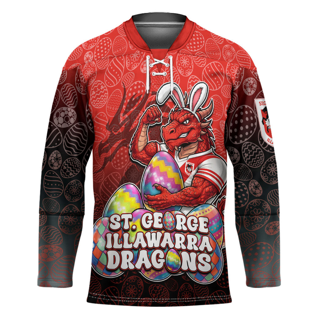 Personalized St. George Illawarra Dragons Hockey Jersey Easter Mascot - Colorful Eggs Cartoon Style