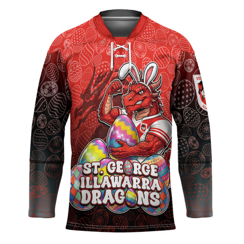 Personalized St. George Illawarra Dragons Hockey Jersey Easter Mascot - Colorful Eggs Cartoon Style