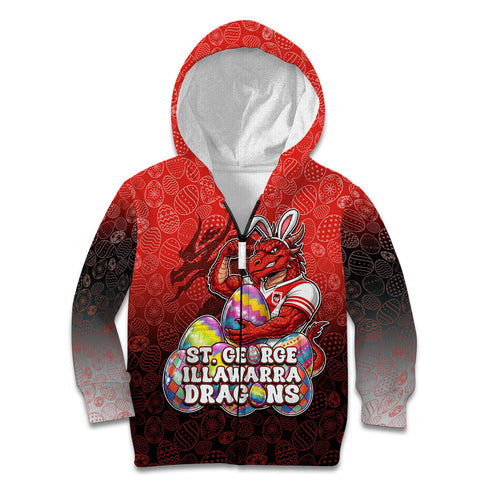Personalized St. George Illawarra Dragons Kid Hoodie Easter Mascot - Colorful Eggs Cartoon Style
