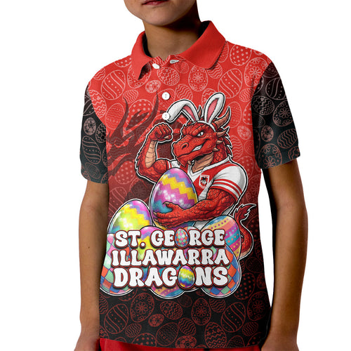 Personalized St. George Illawarra Dragons Kid Polo Shirt Easter Mascot - Colorful Eggs Cartoon Style