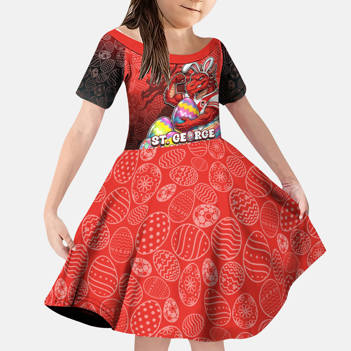 Personalized St. George Illawarra Dragons Kid Short Sleeve Dress Easter Mascot - Colorful Eggs Cartoon Style