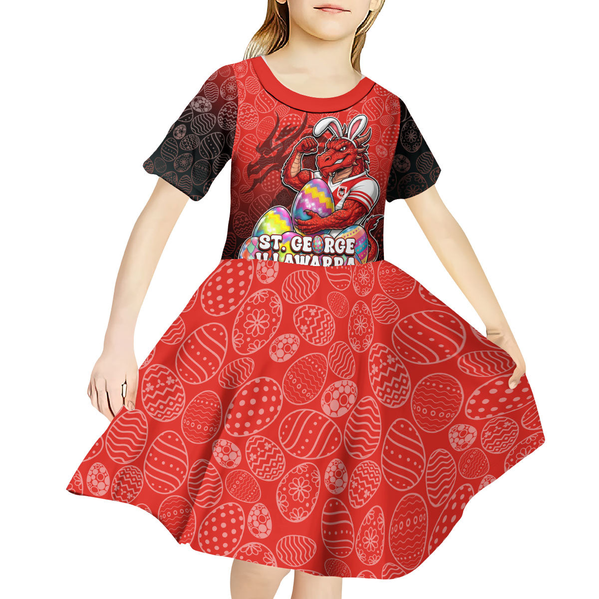 Personalized St. George Illawarra Dragons Kid Short Sleeve Dress Easter Mascot - Colorful Eggs Cartoon Style