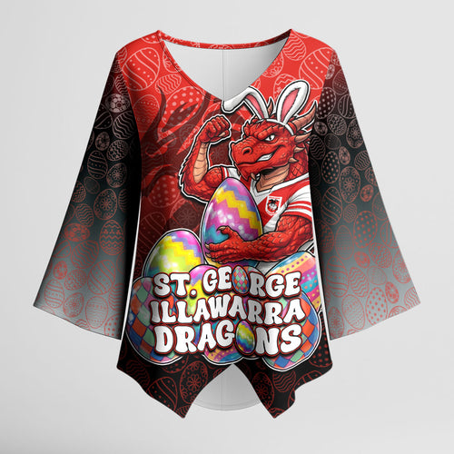 Personalized St. George Illawarra Dragons Kimono Sleeve Blouse Easter Mascot - Colorful Eggs Cartoon Style