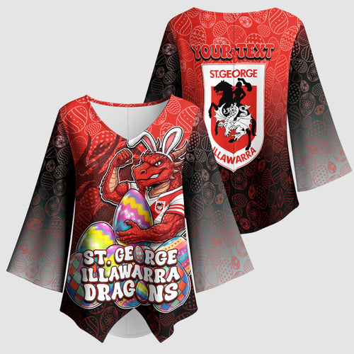 Personalized St. George Illawarra Dragons Kimono Sleeve Blouse Easter Mascot - Colorful Eggs Cartoon Style