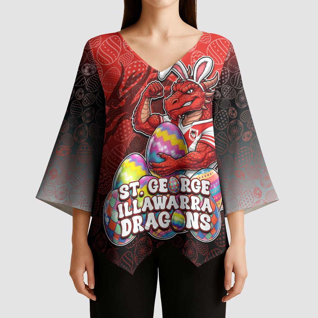 Personalized St. George Illawarra Dragons Kimono Sleeve Blouse Easter Mascot - Colorful Eggs Cartoon Style