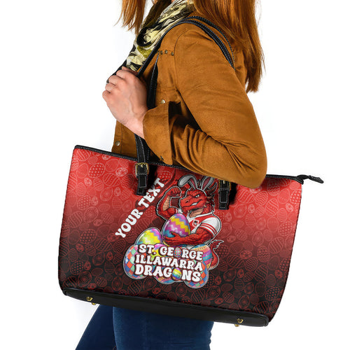 Personalized St. George Illawarra Dragons Leather Tote Bag Easter Mascot - Colorful Eggs Cartoon Style