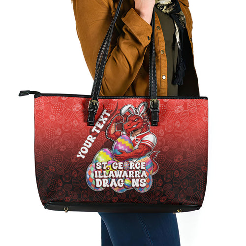 Personalized St. George Illawarra Dragons Leather Tote Bag Easter Mascot - Colorful Eggs Cartoon Style