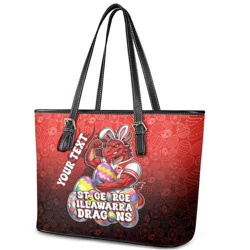 Personalized St. George Illawarra Dragons Leather Tote Bag Easter Mascot - Colorful Eggs Cartoon Style
