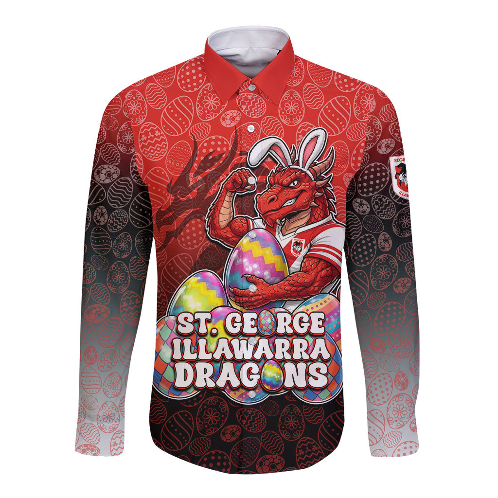 Personalized St. George Illawarra Dragons Long Sleeve Button Shirt Easter Mascot - Colorful Eggs Cartoon Style