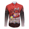 Personalized St. George Illawarra Dragons Long Sleeve Button Shirt Easter Mascot - Colorful Eggs Cartoon Style