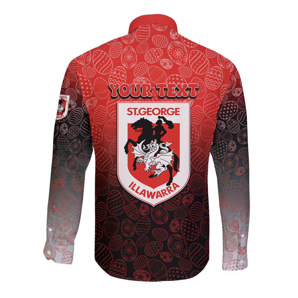 Personalized St. George Illawarra Dragons Long Sleeve Button Shirt Easter Mascot - Colorful Eggs Cartoon Style