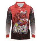Personalized St. George Illawarra Dragons Long Sleeve Polo Shirt Easter Mascot - Colorful Eggs Cartoon Style