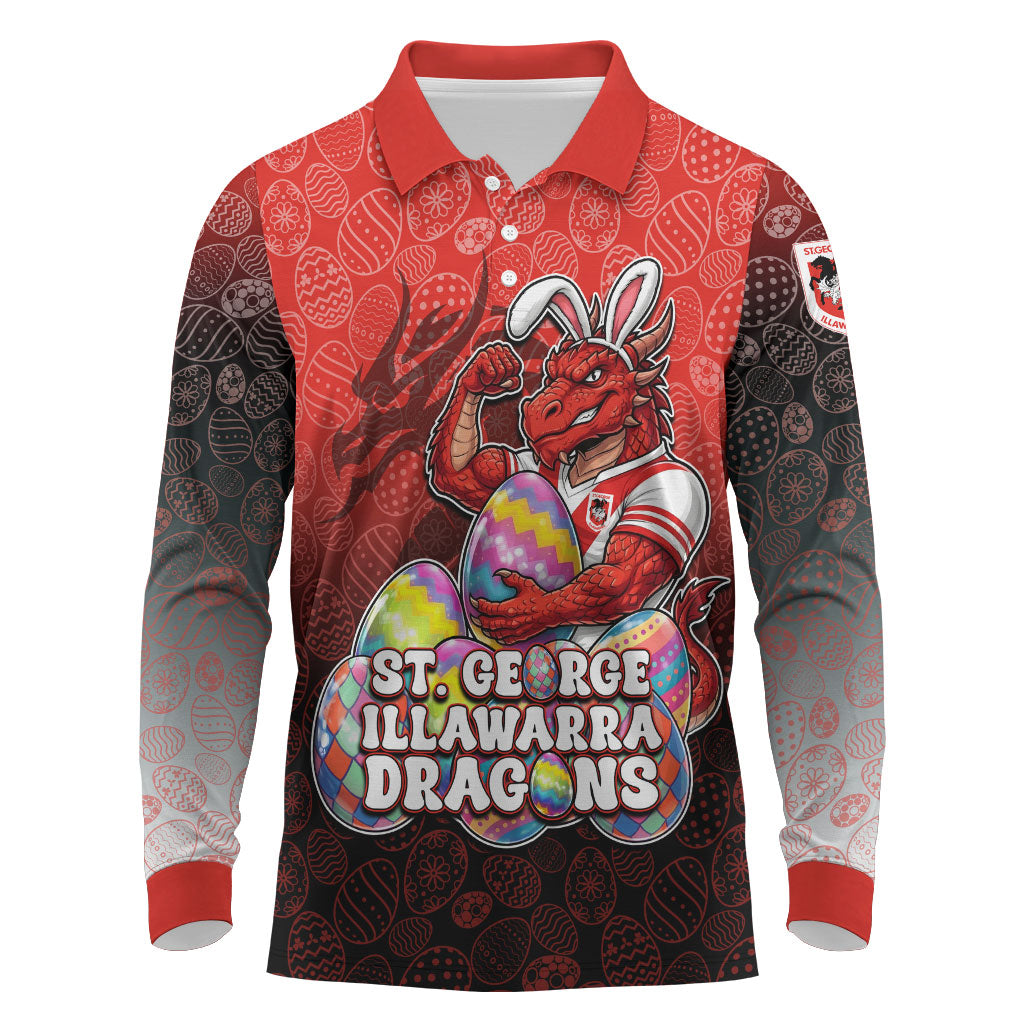 Personalized St. George Illawarra Dragons Long Sleeve Polo Shirt Easter Mascot - Colorful Eggs Cartoon Style