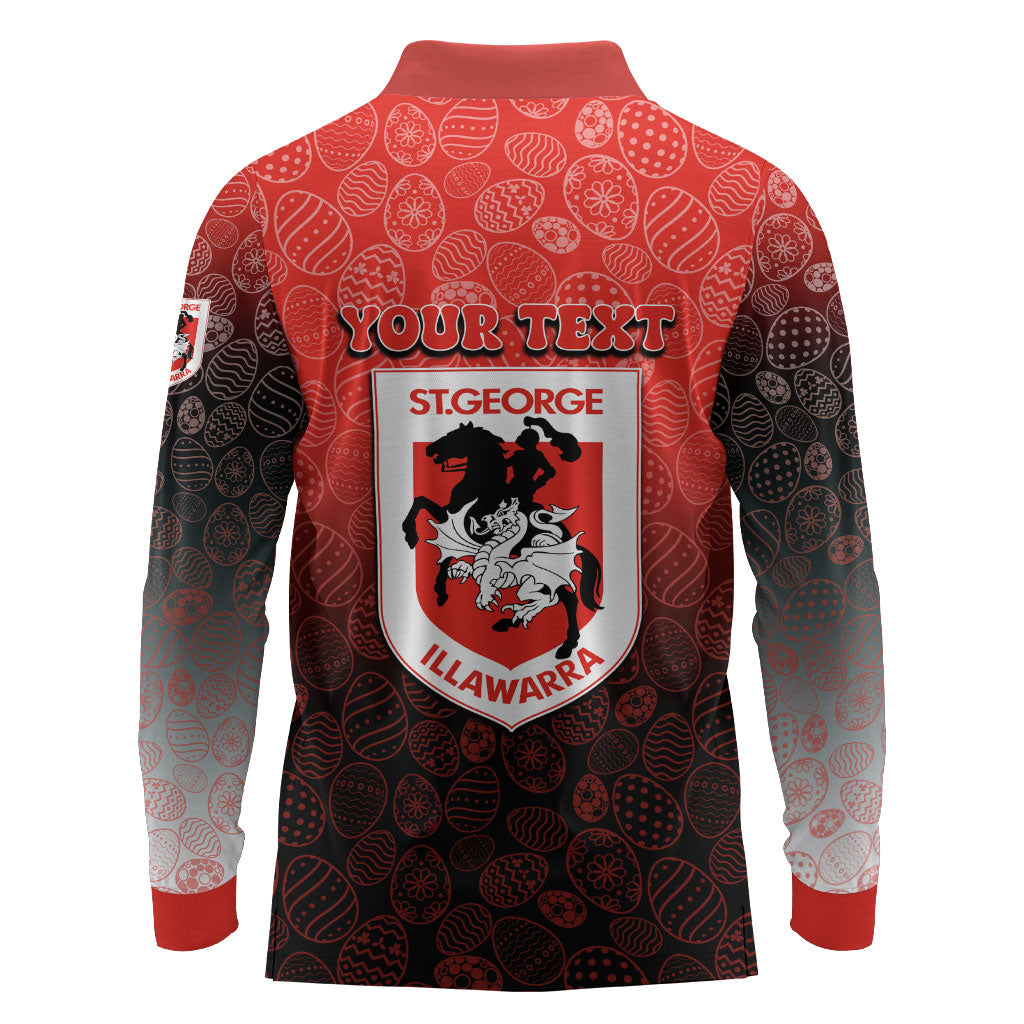 Personalized St. George Illawarra Dragons Long Sleeve Polo Shirt Easter Mascot - Colorful Eggs Cartoon Style