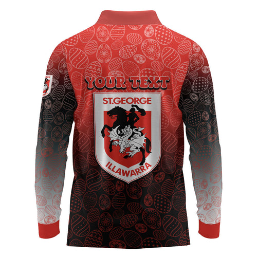 Personalized St. George Illawarra Dragons Long Sleeve Polo Shirt Easter Mascot - Colorful Eggs Cartoon Style