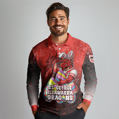 Personalized St. George Illawarra Dragons Long Sleeve Polo Shirt Easter Mascot - Colorful Eggs Cartoon Style