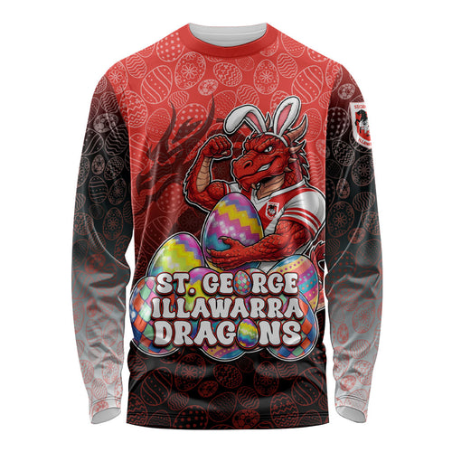 Personalized St. George Illawarra Dragons Long Sleeve Shirt Easter Mascot - Colorful Eggs Cartoon Style