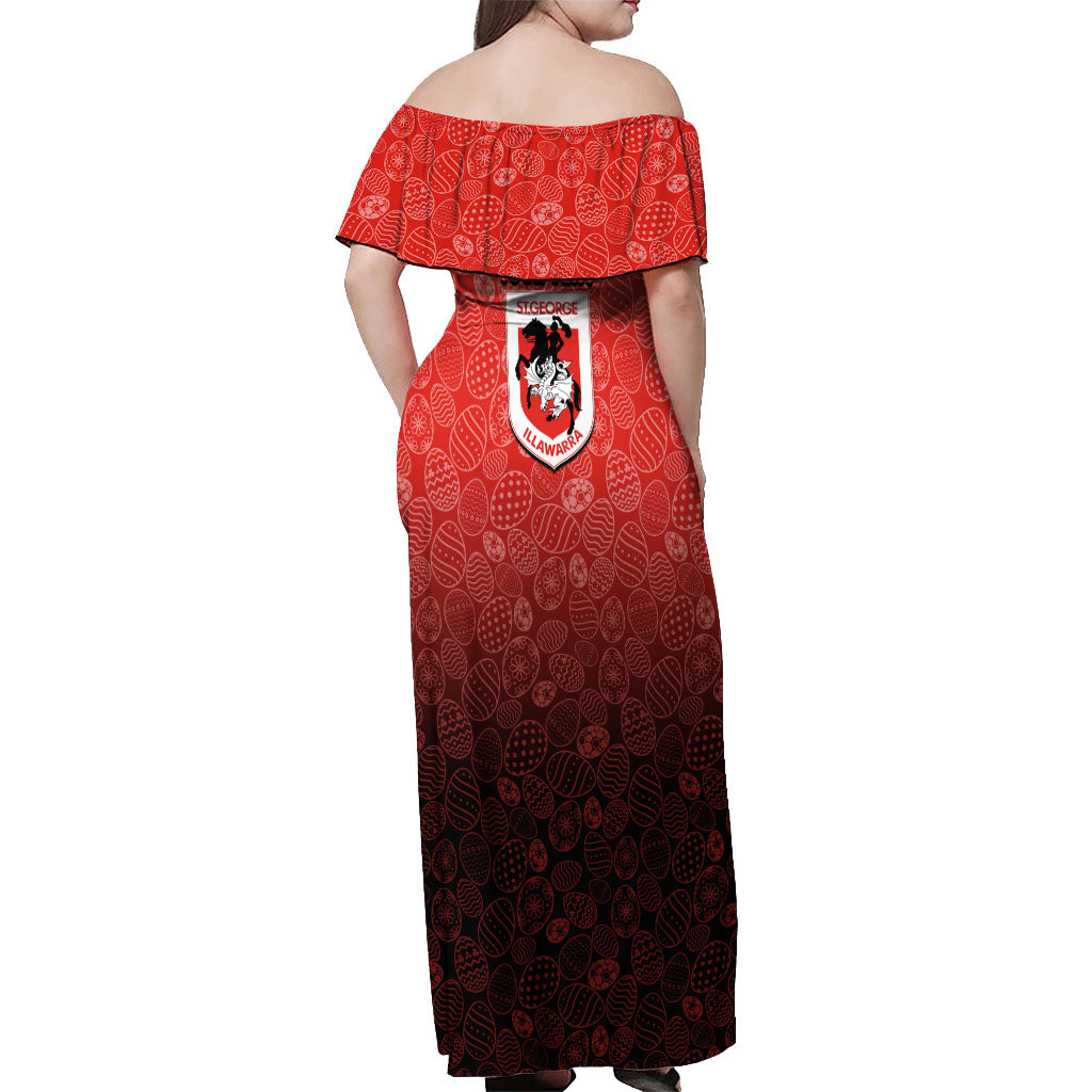 Personalized St. George Illawarra Dragons Off Shoulder Maxi Dress Easter Mascot - Colorful Eggs Cartoon Style