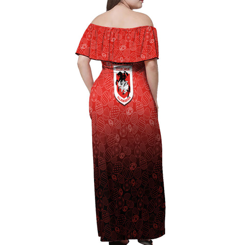 Personalized St. George Illawarra Dragons Off Shoulder Maxi Dress Easter Mascot - Colorful Eggs Cartoon Style