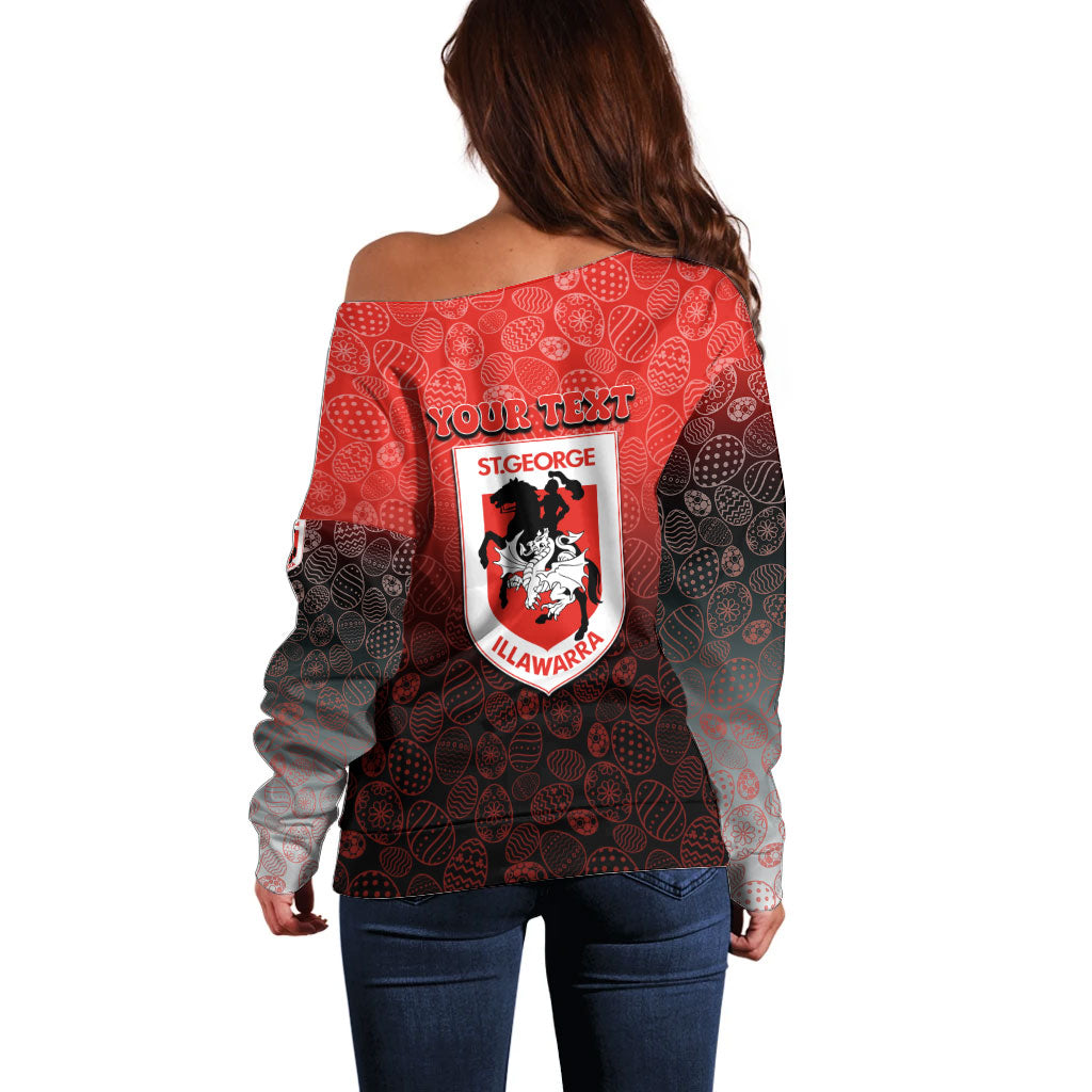 Personalized St. George Illawarra Dragons Off Shoulder Sweater Easter Mascot - Colorful Eggs Cartoon Style