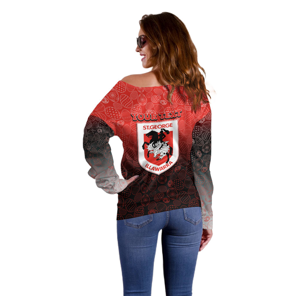 Personalized St. George Illawarra Dragons Off Shoulder Sweater Easter Mascot - Colorful Eggs Cartoon Style