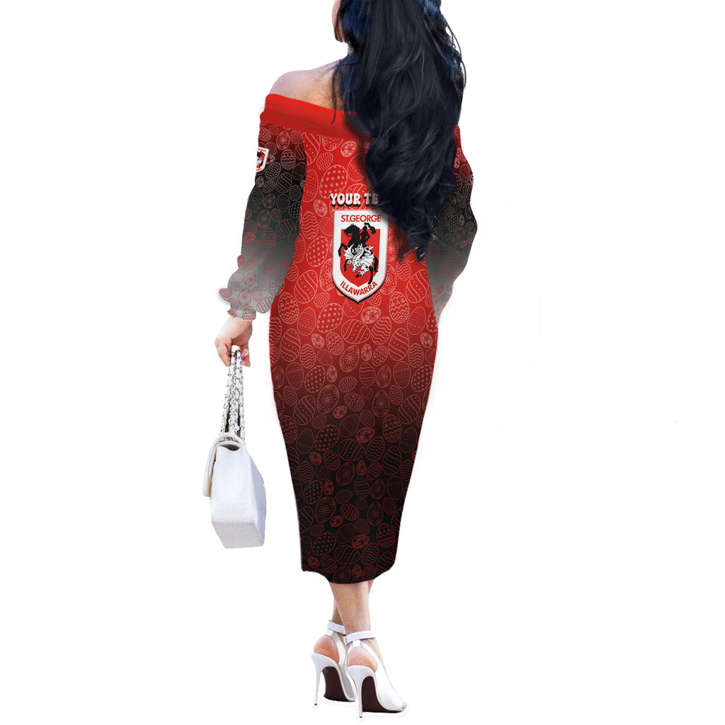 Personalized St. George Illawarra Dragons Off The Shoulder Long Sleeve Dress Easter Mascot - Colorful Eggs Cartoon Style