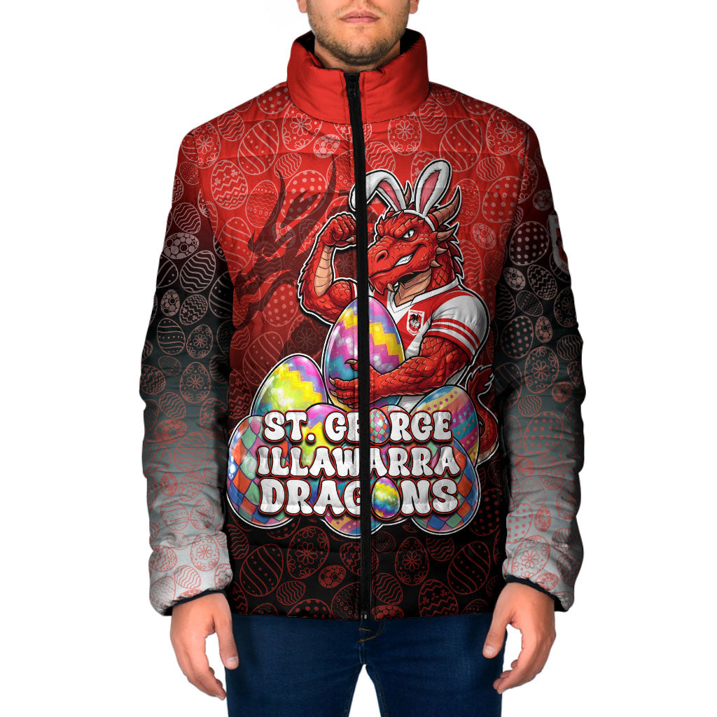 Personalized St. George Illawarra Dragons Padded Jacket Easter Mascot - Colorful Eggs Cartoon Style