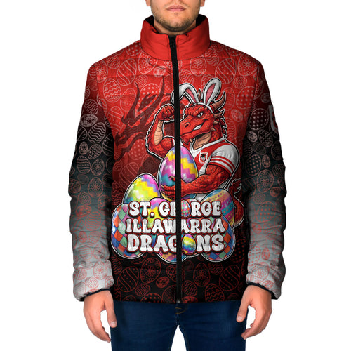 Personalized St. George Illawarra Dragons Padded Jacket Easter Mascot - Colorful Eggs Cartoon Style