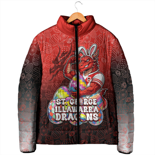 Personalized St. George Illawarra Dragons Padded Jacket Easter Mascot - Colorful Eggs Cartoon Style