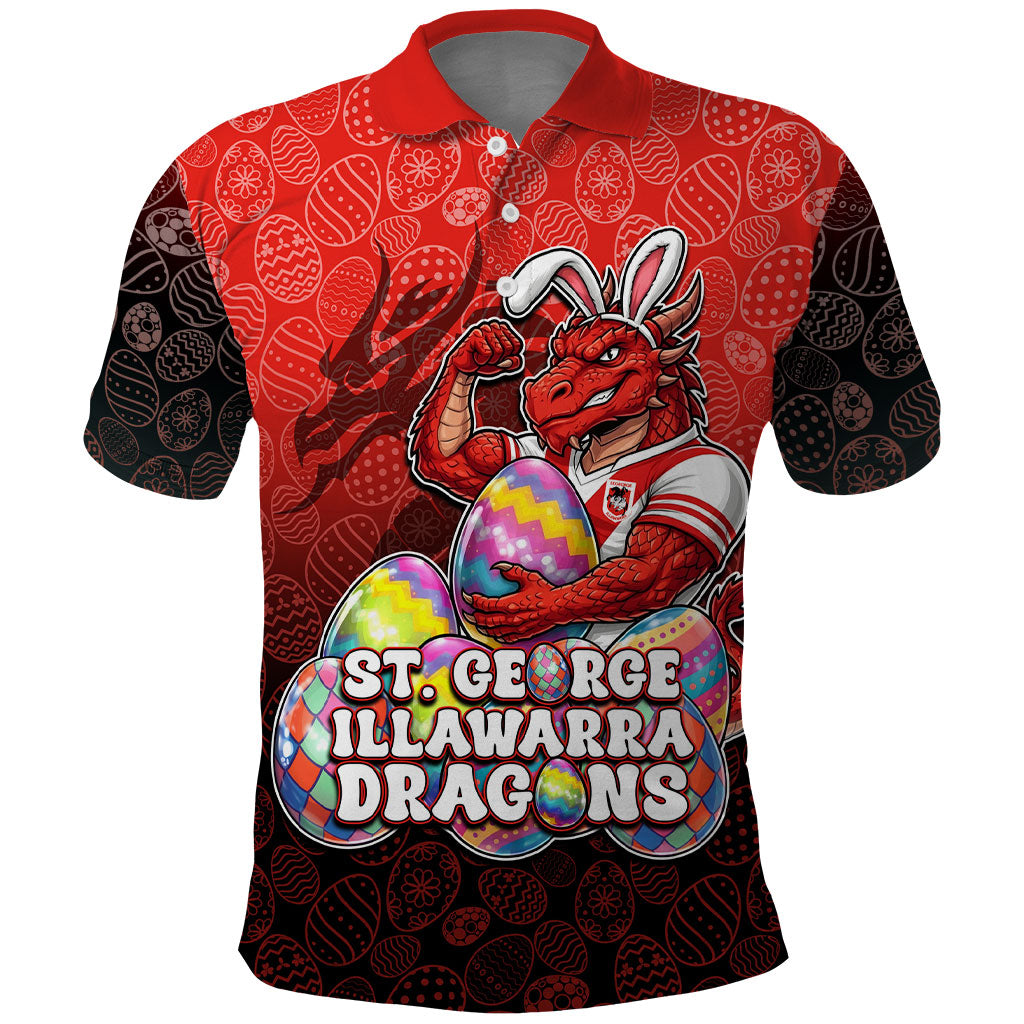 Personalized St. George Illawarra Dragons Polo Shirt Easter Mascot - Colorful Eggs Cartoon Style