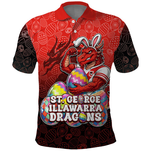 Personalized St. George Illawarra Dragons Polo Shirt Easter Mascot - Colorful Eggs Cartoon Style