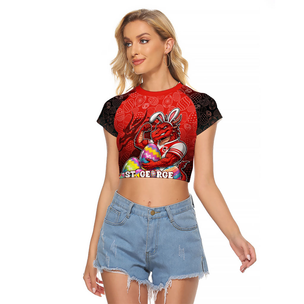 Personalized St. George Illawarra Dragons Raglan Cropped T Shirt Easter Mascot - Colorful Eggs Cartoon Style
