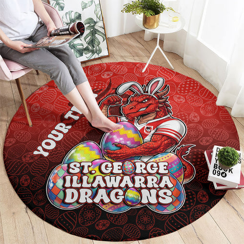 Personalized St. George Illawarra Dragons Round Carpet Easter Mascot - Colorful Eggs Cartoon Style